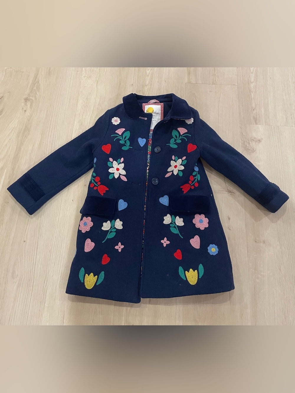 Mini Boden Navy Wool Coat with Colorful Floral Embroidery